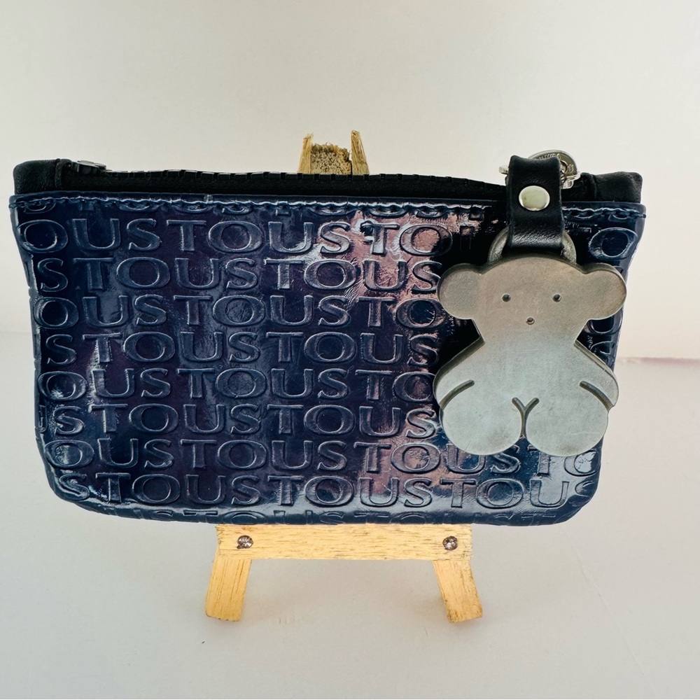 TOUS Navy Embossed Logo Coin Purse Pouch w/ Bear Charm Keyring